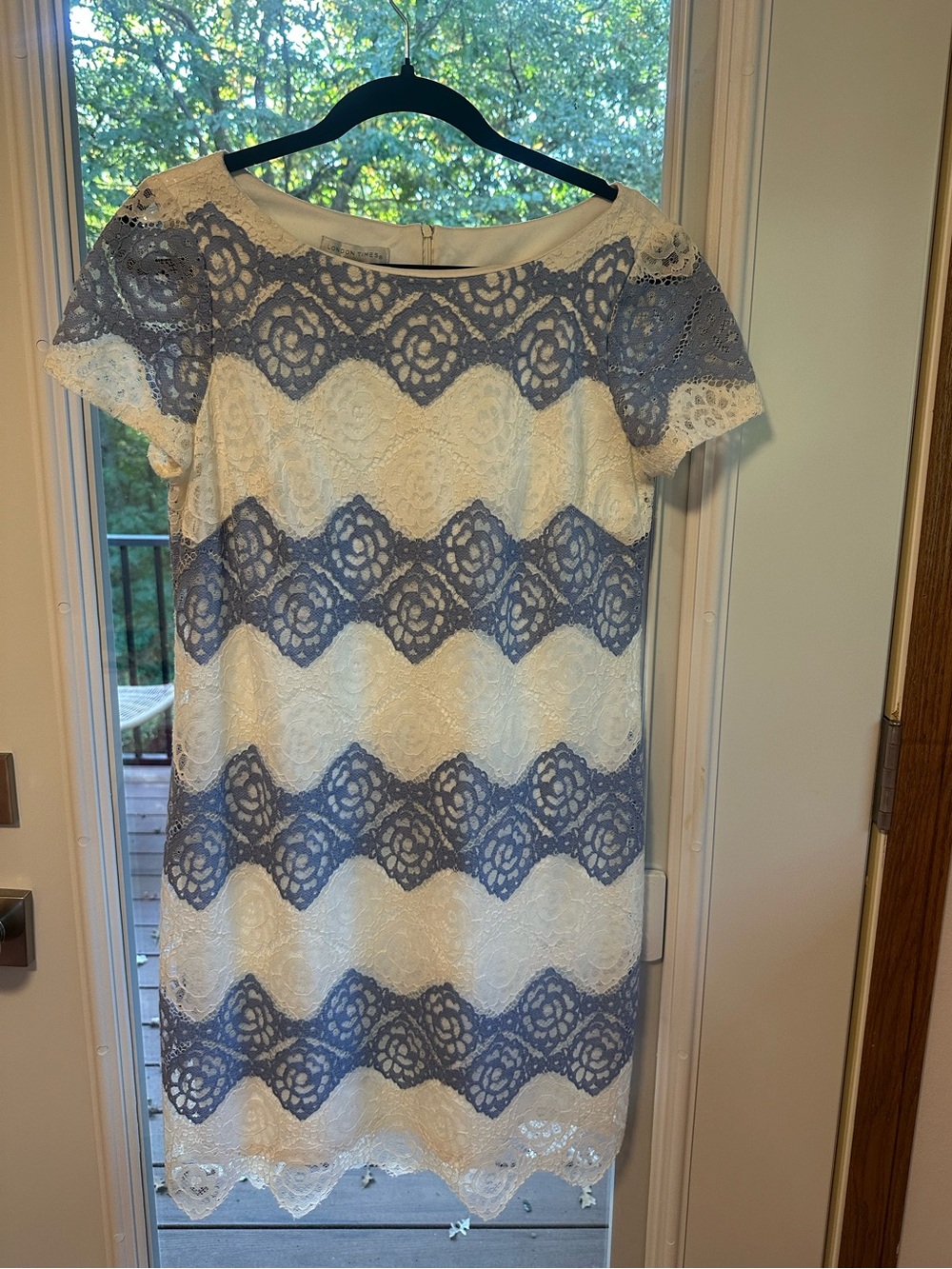 London Times Blue and White Lace Stripe Shift Dress